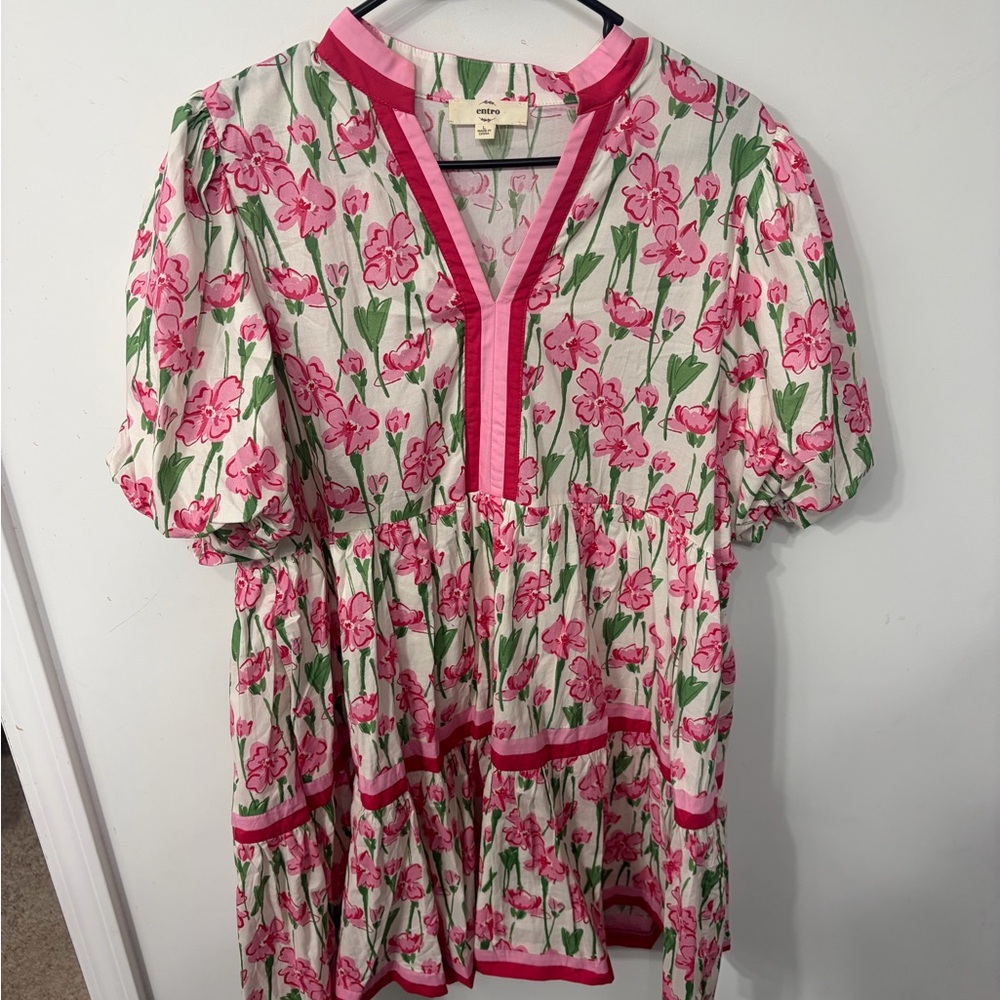 entro Pink Floral V-Neck Tunic with Green Stems